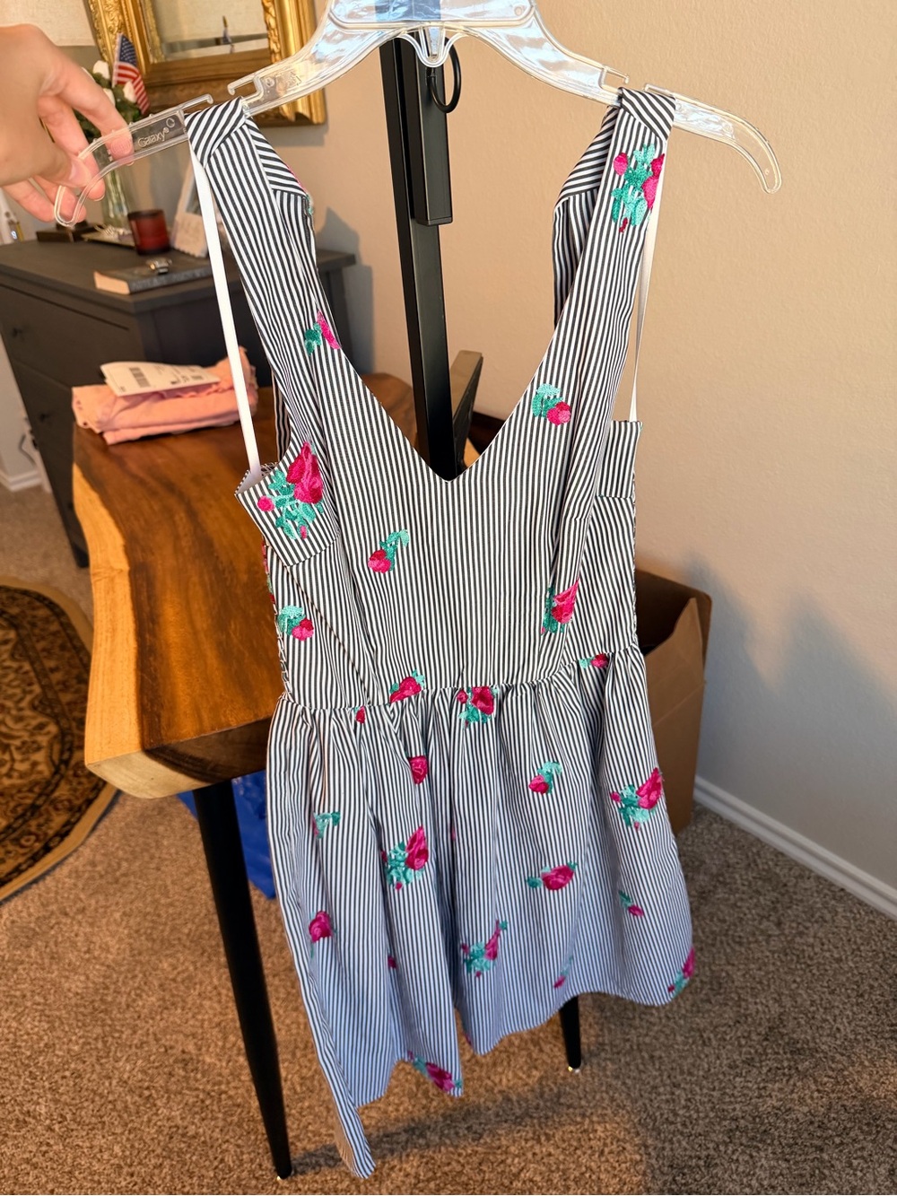 I.N. San Francisco Black & White Striped Mini Dress with Pink Floral Accents